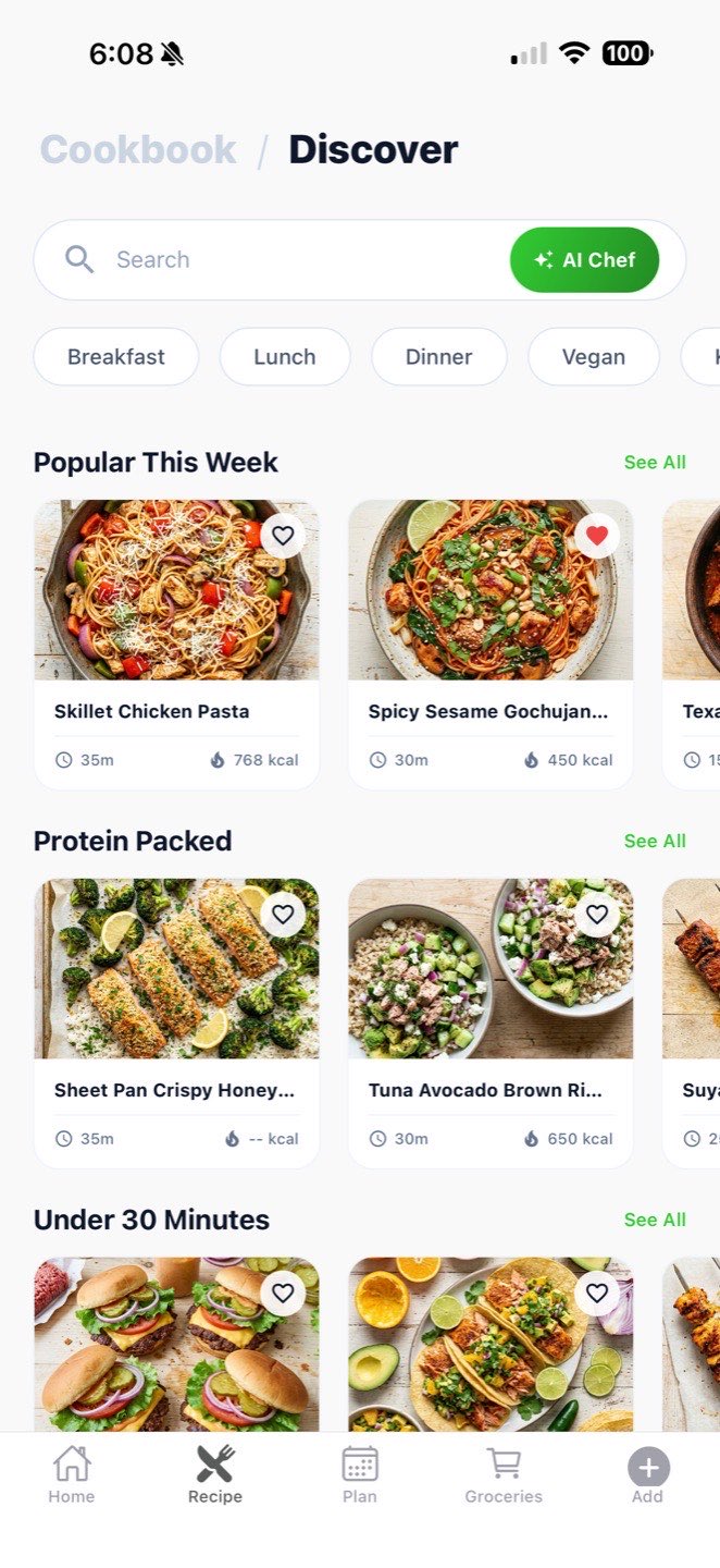 Pearmint discover screen with AI Chef button and recipe collections filtered by diet and time