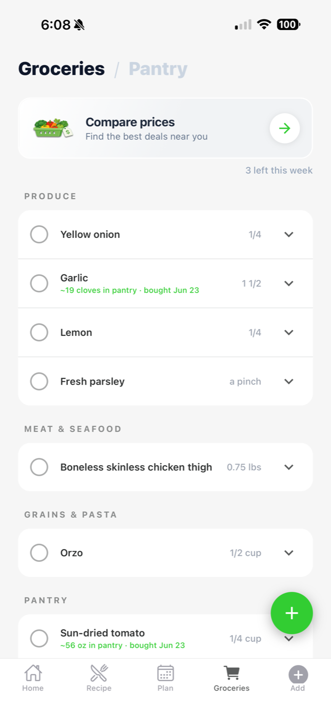 Pearmint grocery list organized by aisle with a Compare Prices button at the top