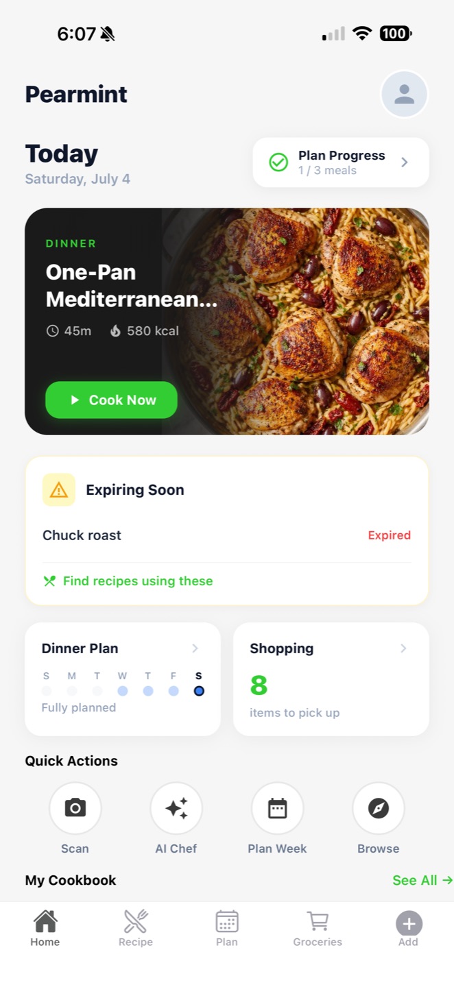 Pearmint home screen with tonight's dinner, an Expiring Soon alert for chuck roast, and week plan progress