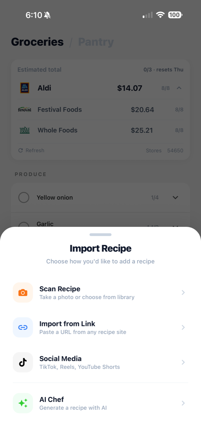 Pearmint import sheet with options to scan a recipe, import from a link, or pull from social media