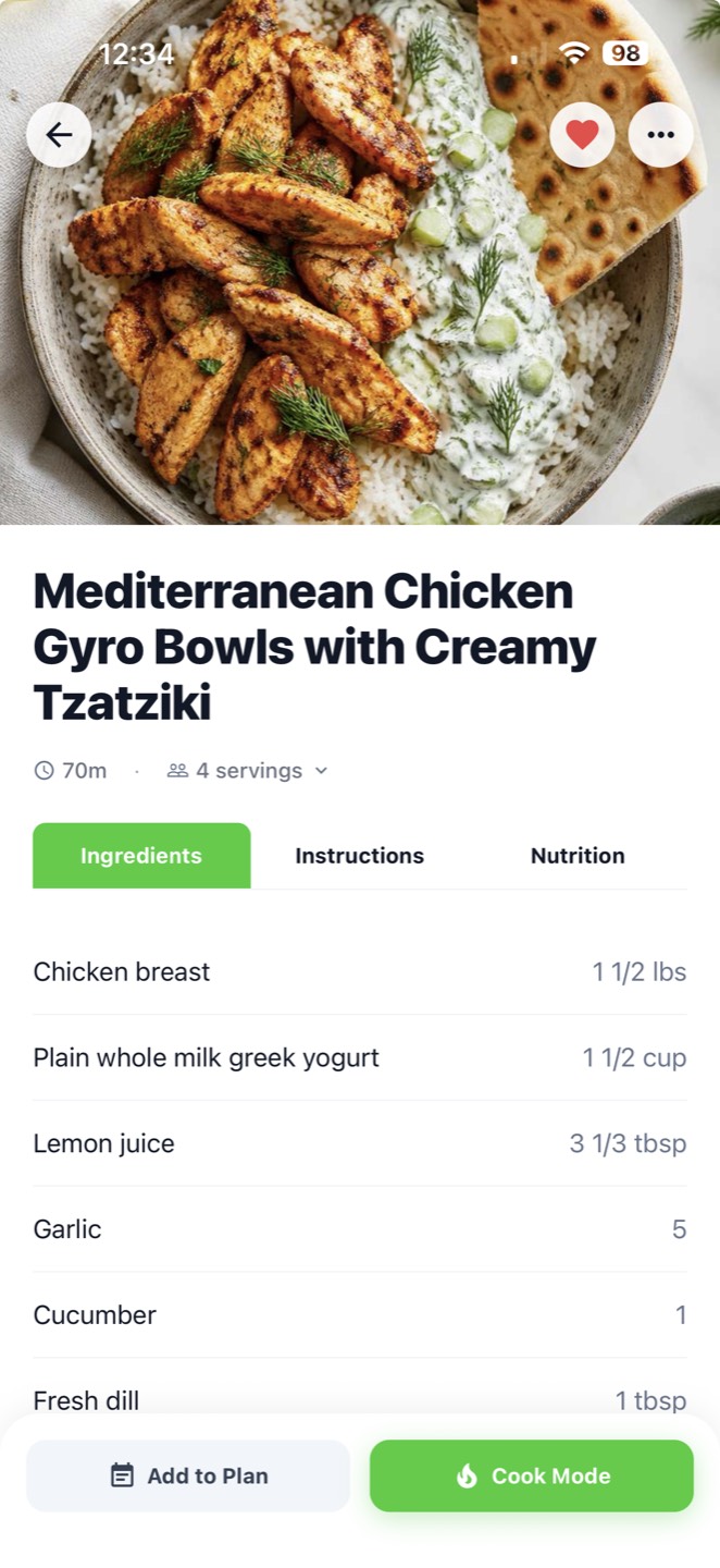 Pearmint recipe card for Mediterranean Chicken Gyro Bowls with Creamy Tzatziki, showing photo, ingredients list, and Cook Mode button