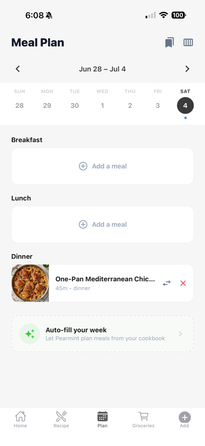 Pearmint weekly meal plan with breakfast, lunch, and dinner slots and an auto-fill option