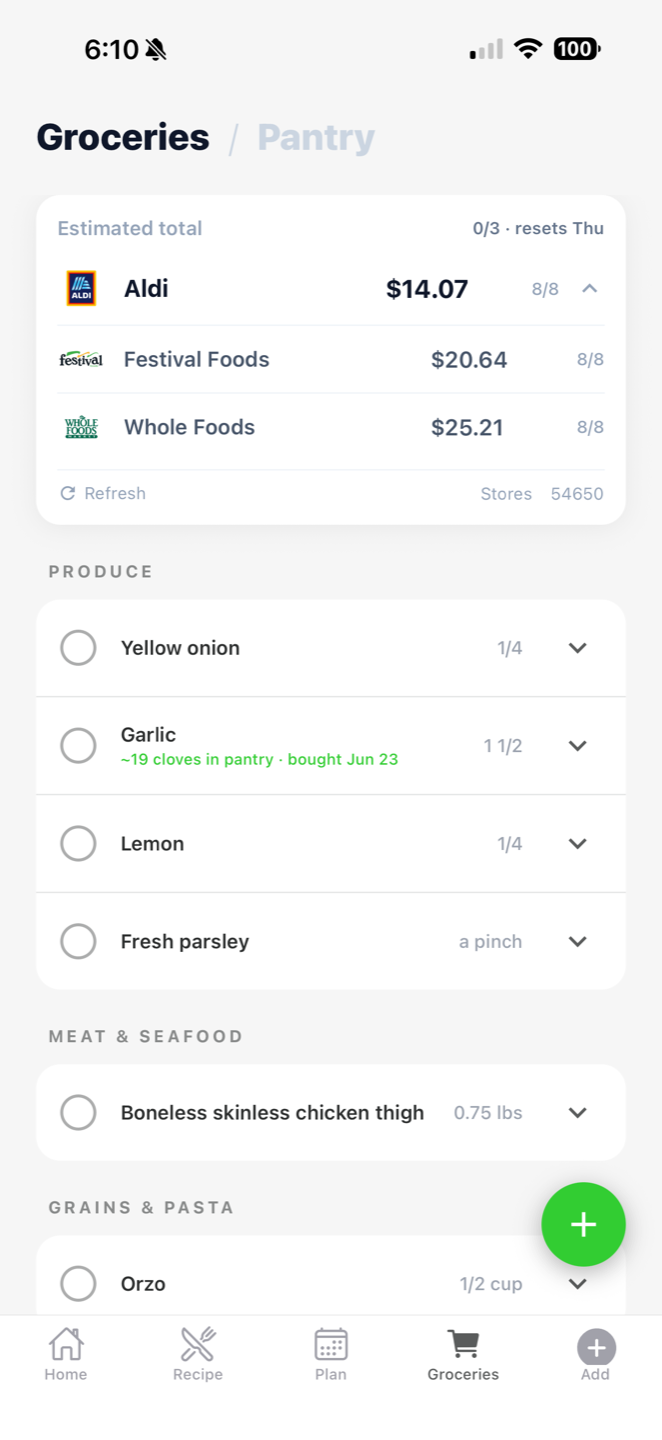 Pearmint price comparison screen showing this week's grocery list priced at Aldi, Festival Foods, and Whole Foods, with Aldi cheapest